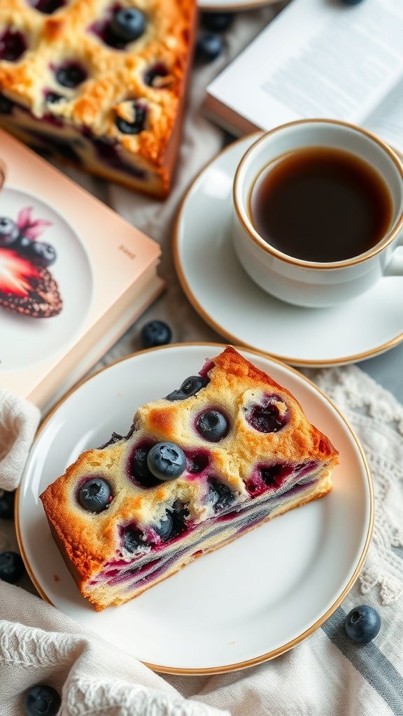 A slice of blueberry sour cream coffee cake on a plate next to a cup of coffee and an open book.
