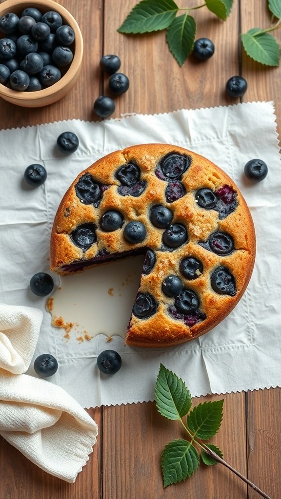 A delicious blueberry sour cream coffee cake with fresh blueberries on top, sitting on a wooden table.