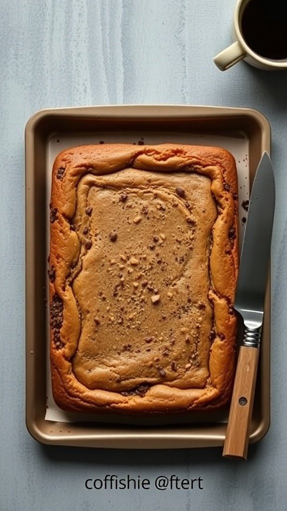 A freshly baked coffee crunch cake on a tray with a knife and a cup of coffee.