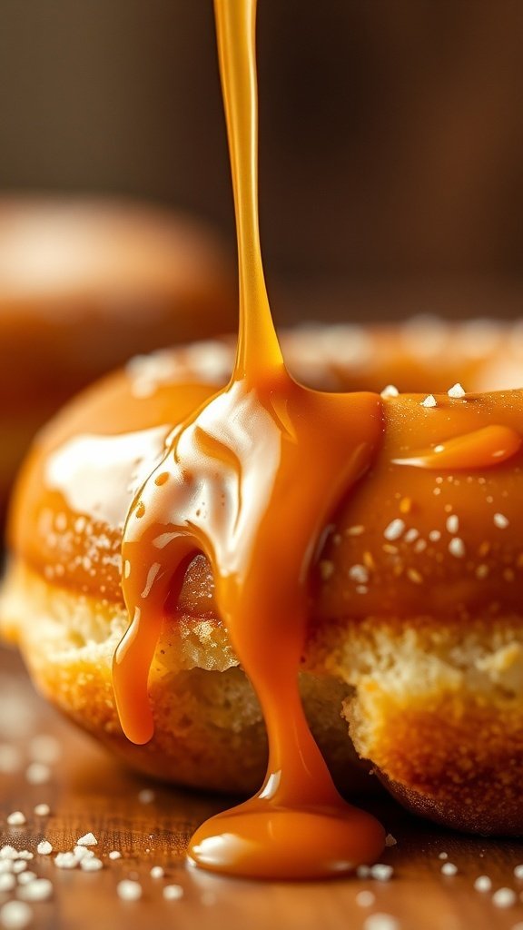 A close-up of a coffee donut with caramel dripping on top.