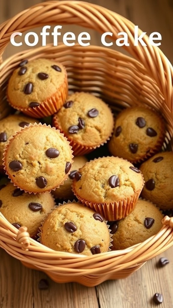 A basket filled with coffee cake muffins topped with chocolate chips.