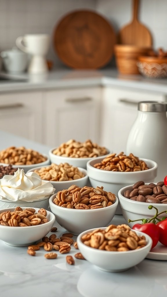 Various toppings for coffee cake including nuts and whipped cream.
