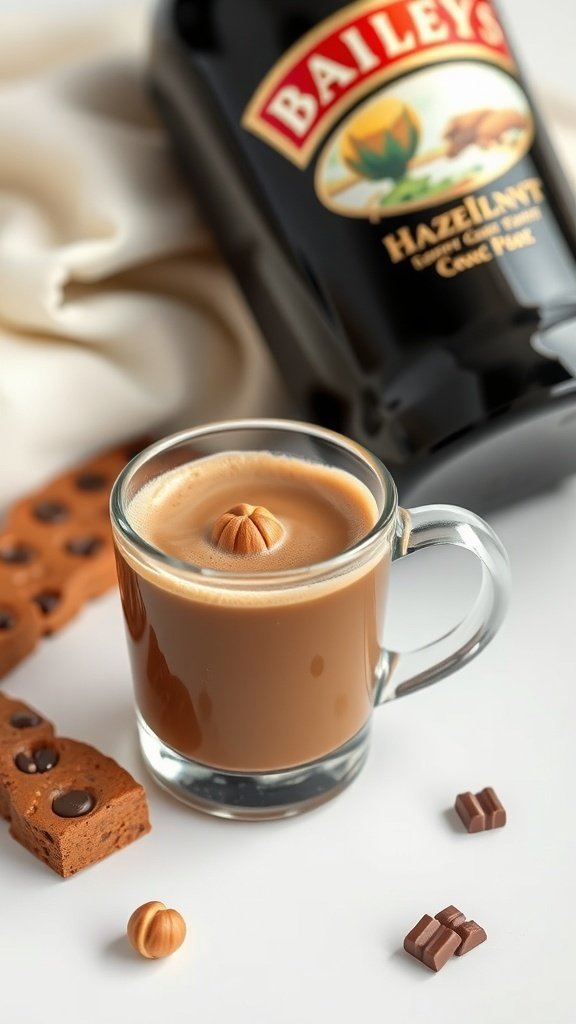 A cup of Baileys Hazelnut Coffee with a hazelnut on top, next to a bottle of Baileys Hazelnut and chocolate treats.