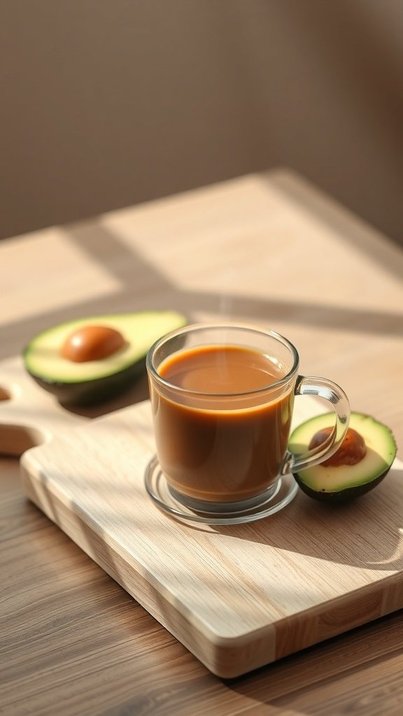 A cup of coffee next to sliced avocado on a wooden cutting board