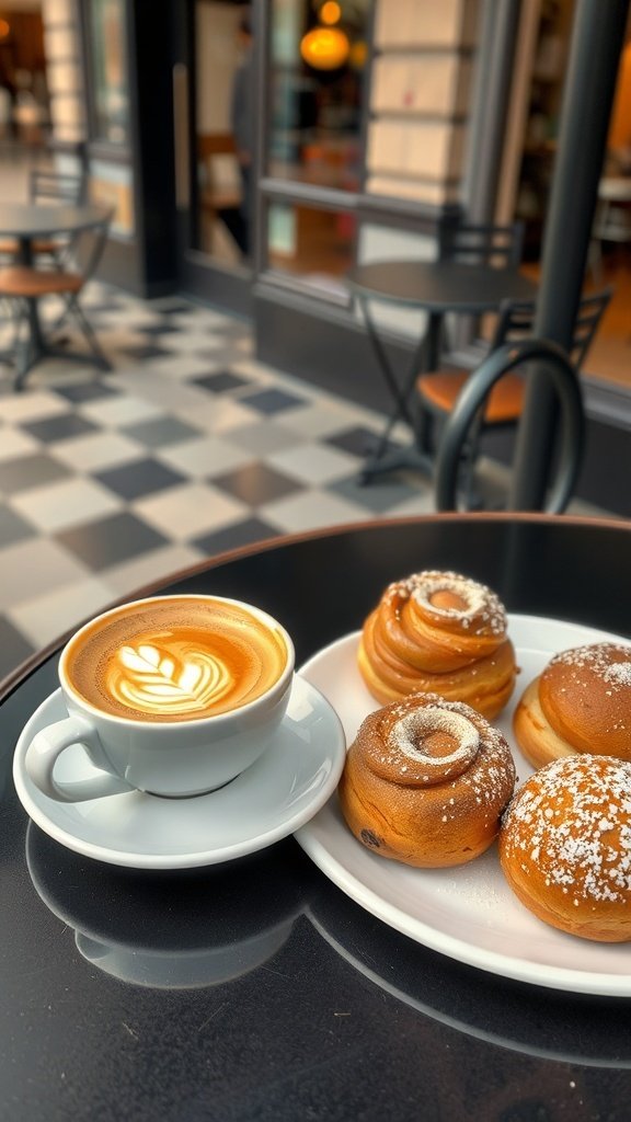 A caramel brûlée cappuccino next to a plate of sweet pastries.