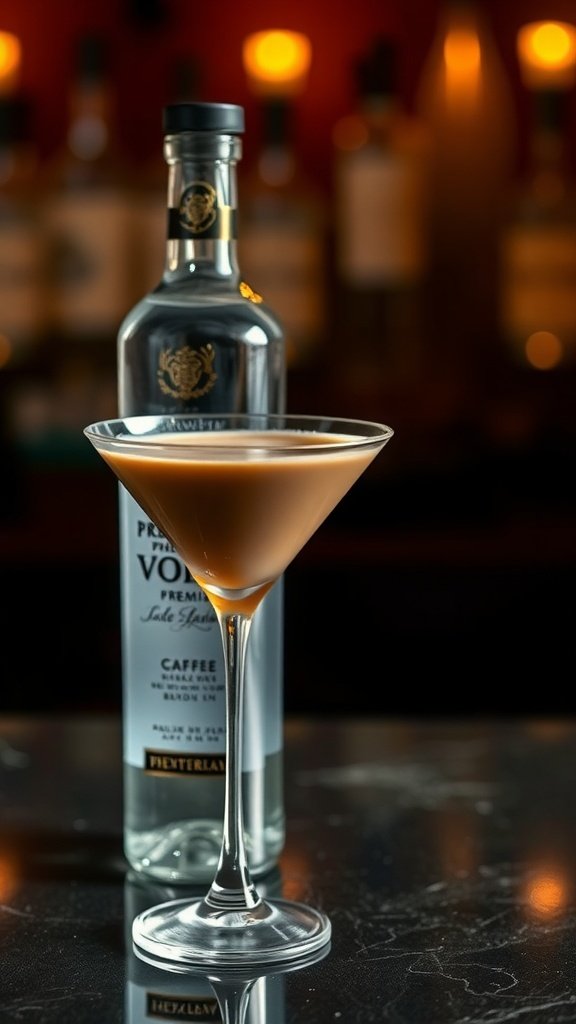 A coffee martini in a glass with a bottle of premium vodka in the background.