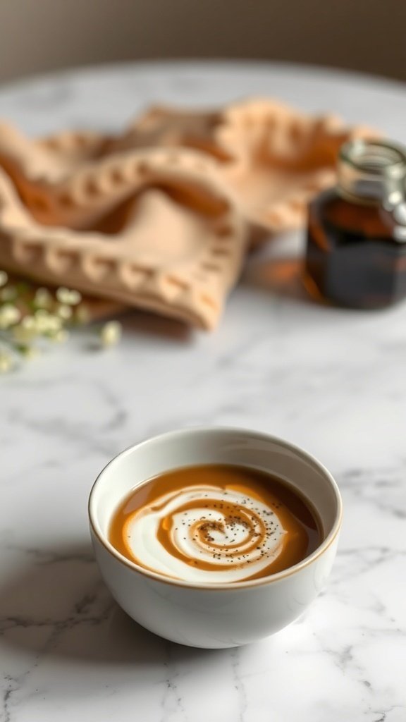 A bowl of creamy coffee soup with a swirl of cream on top, set against a marble background.