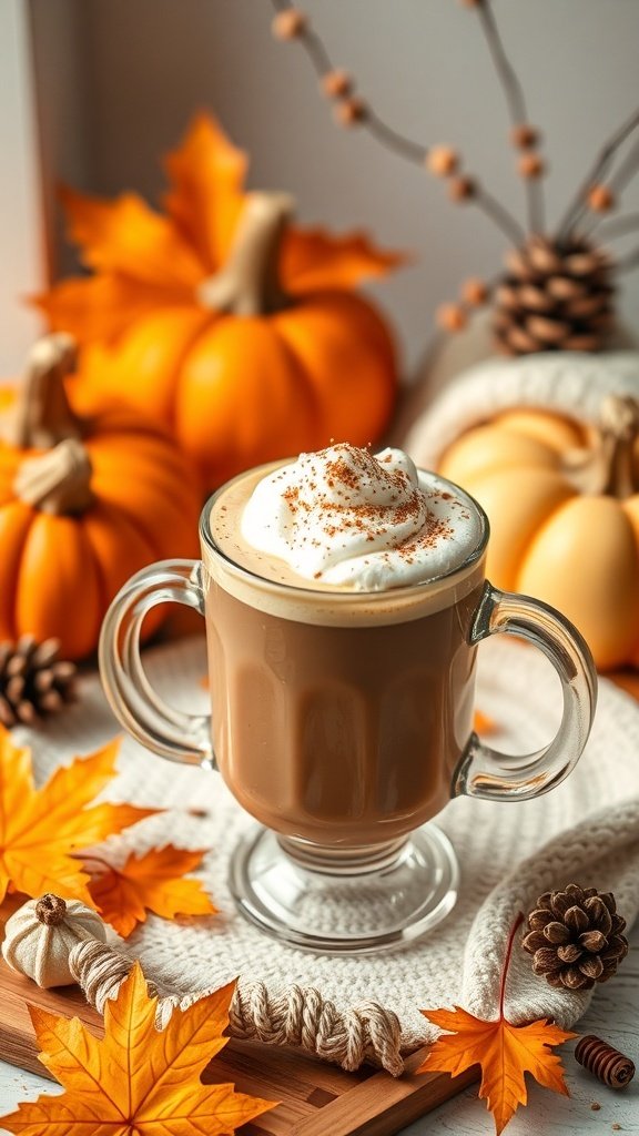 A delicious pumpkin spice latte topped with whipped cream and spices, surrounded by autumn leaves and pumpkins.