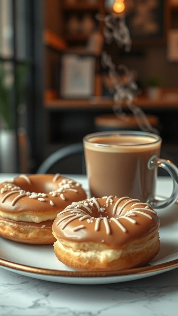 A plate of two coffee donuts next to a cup of coffee.