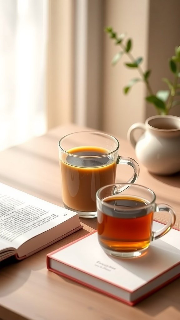 A cozy scene with two cups of coffee on a wooden table, accompanied by a book and a small plant.