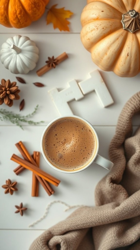 A cozy pumpkin chai latte surrounded by decorative pumpkins and spices.