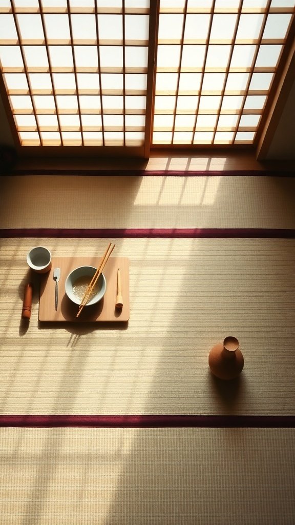 Minimalist tatami setup for a matcha tea ceremony