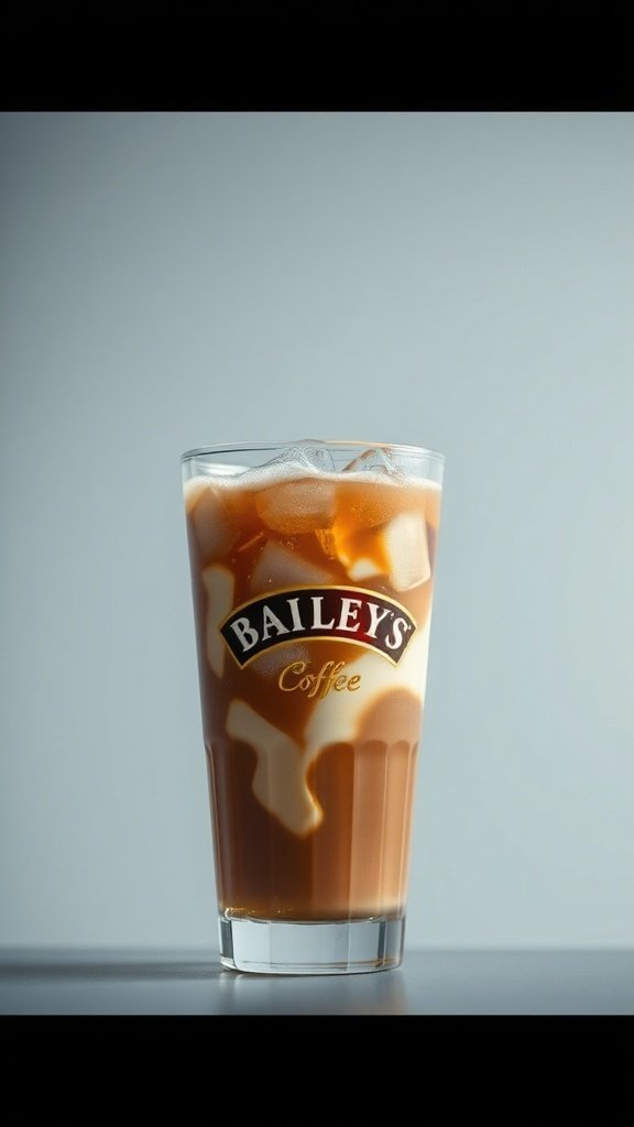 A glass of iced Baileys coffee with cream and ice cubes