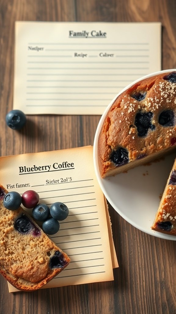 A slice of Blueberry Sour Cream Coffee Cake on a plate with blueberries and recipe cards in the background.