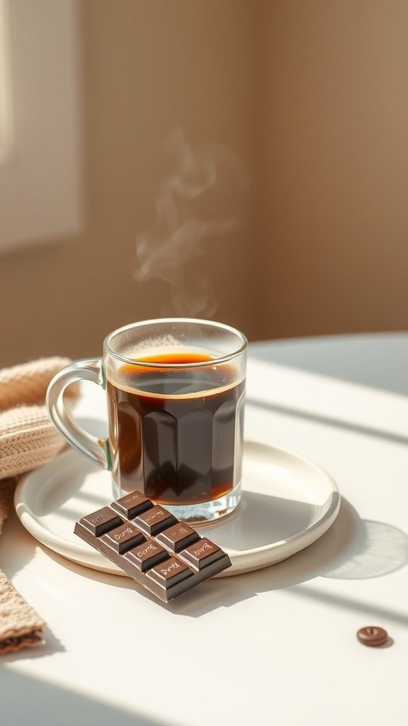 A steaming cup of coffee next to a piece of dark chocolate on a plate.