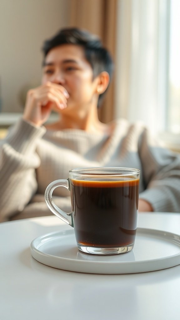A cup of coffee on a table with a person in the background, enjoying a moment of relaxation.