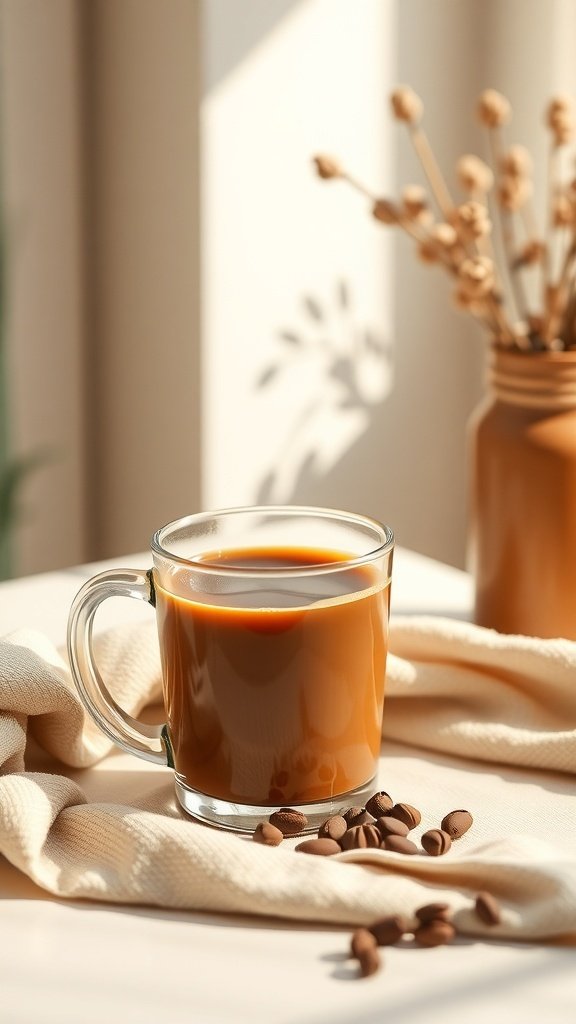 A cup of coffee on a table with coffee beans and a cozy atmosphere.