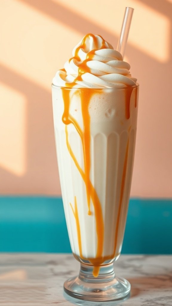 A tall glass of creamy caramel frappe topped with whipped cream and caramel drizzle.