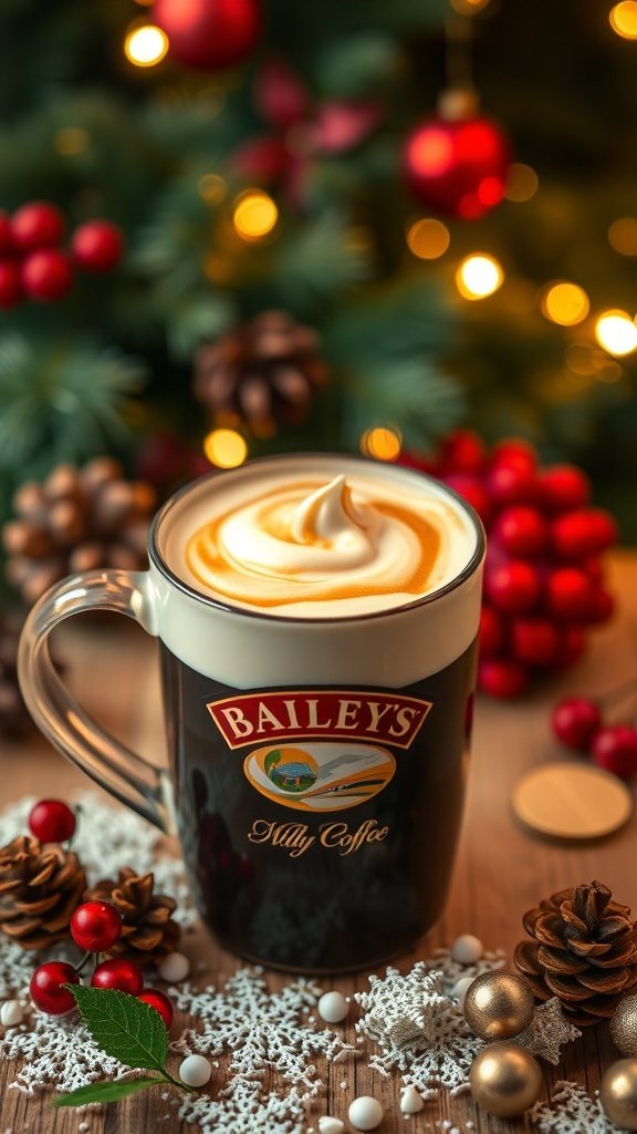 A mug of Baileys coffee with festive decorations around it.