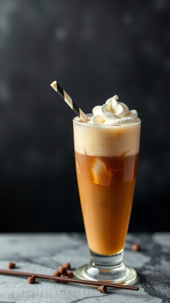 A glass of frozen Irish coffee topped with whipped cream and a straw