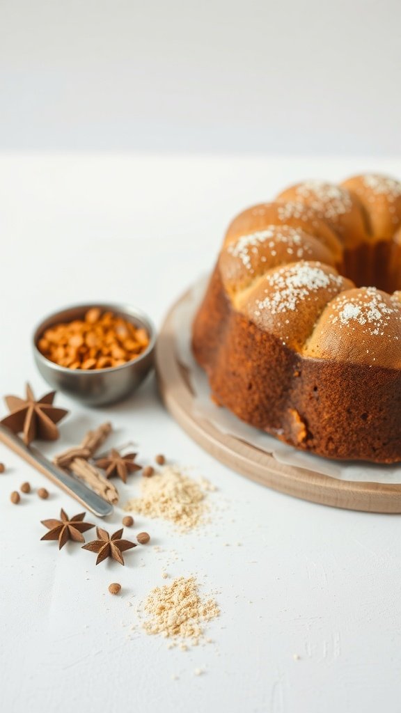 A delicious coffee cake with spices and ingredients around it.