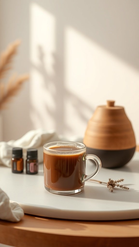 A cup of coffee with essential oils and a decorative pot on a table.