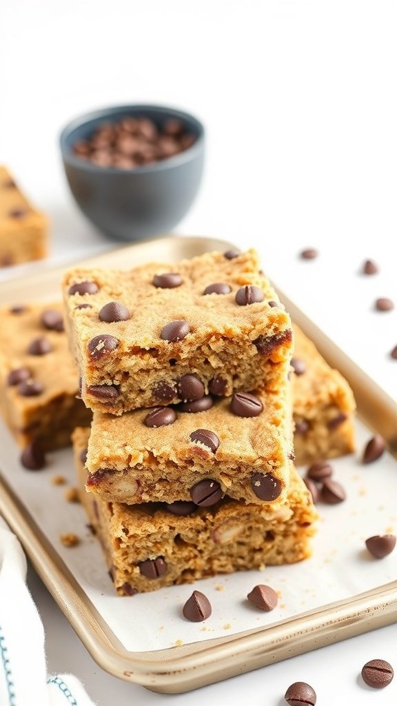 A stack of coffee crunch cake slices topped with chocolate chips.