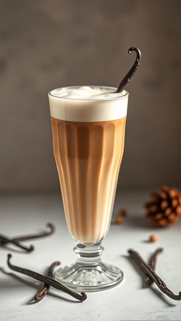 A warm vanilla latte served in a tall glass with a vanilla pod.