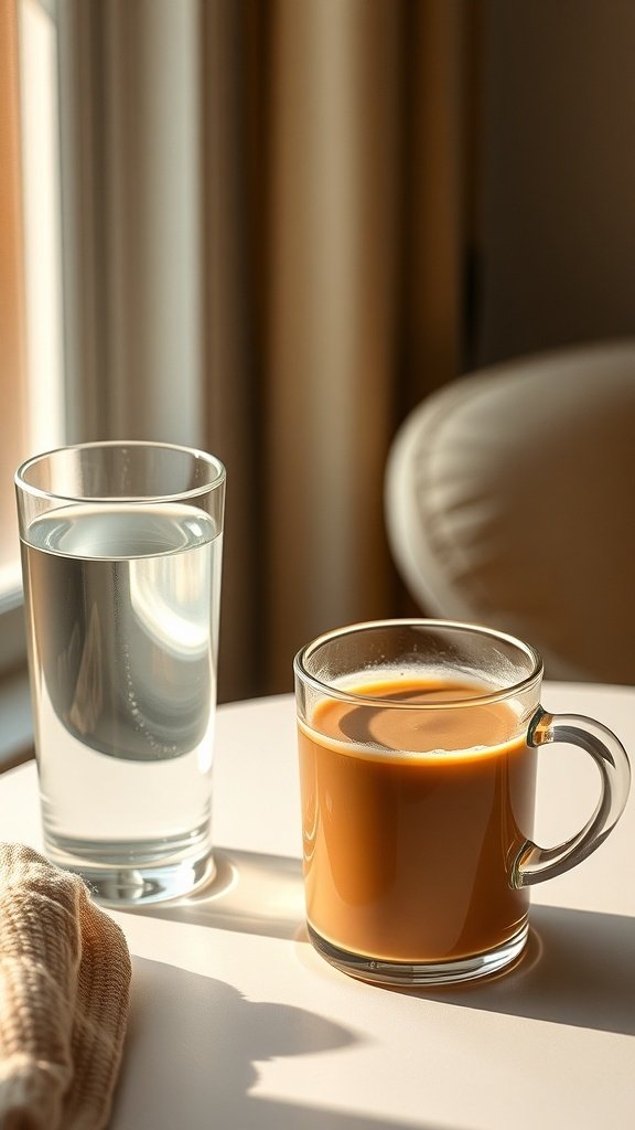 A glass of water next to a cup of coffee on a table