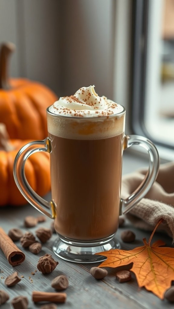 A delicious Pumpkin Chai Latte topped with whipped cream and spices, surrounded by autumn elements.