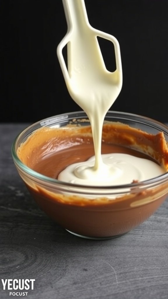 A bowl of cake batter with yogurt being mixed in.