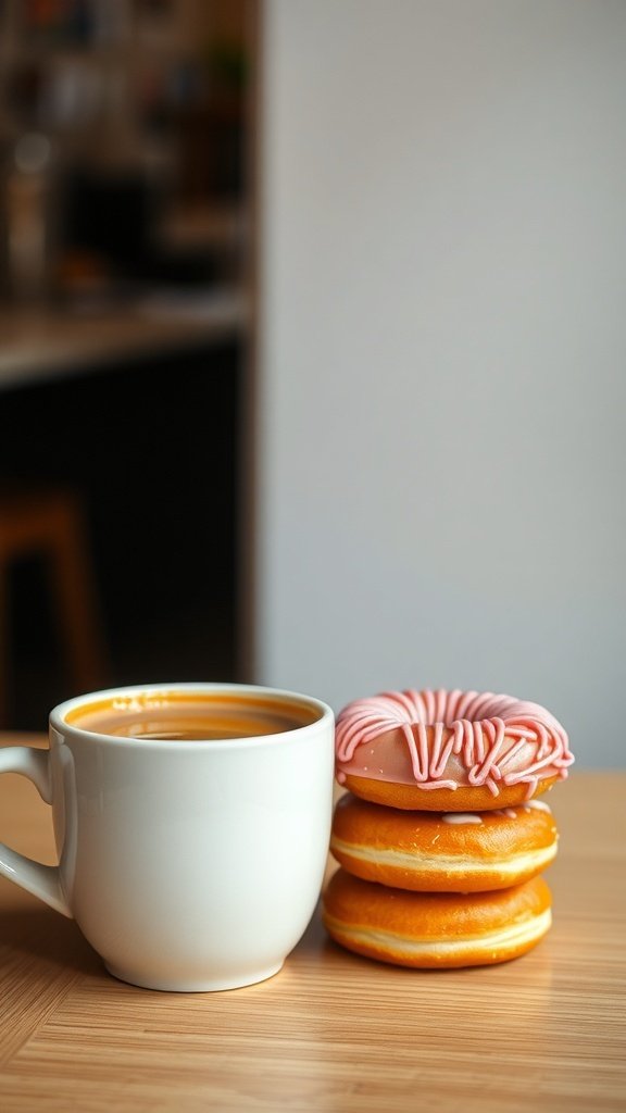 A cup of coffee beside three donuts, one with pink frosting on top.