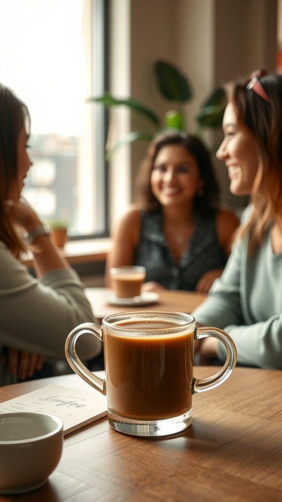 Friends enjoying coffee together in a cozy setting.