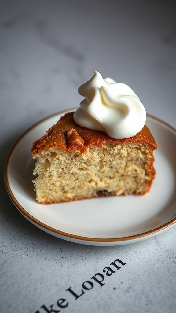 A slice of coffee cake topped with fresh whipped cream on a plate.