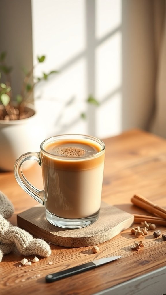 A cozy cup of coffee on a wooden table, surrounded by spices and a knife.