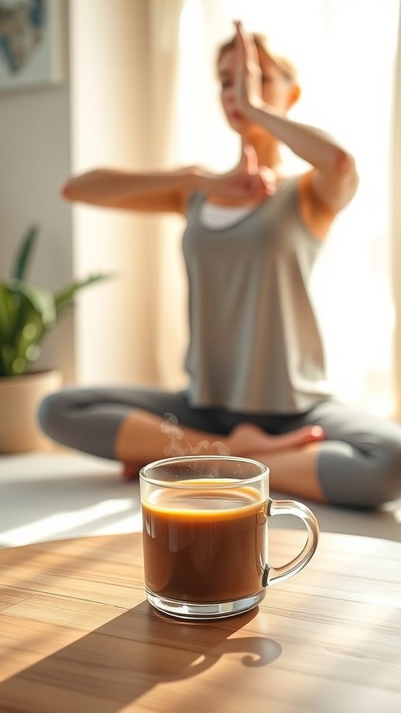 A steaming cup of coffee in the foreground with a person practicing yoga in a bright, serene space.