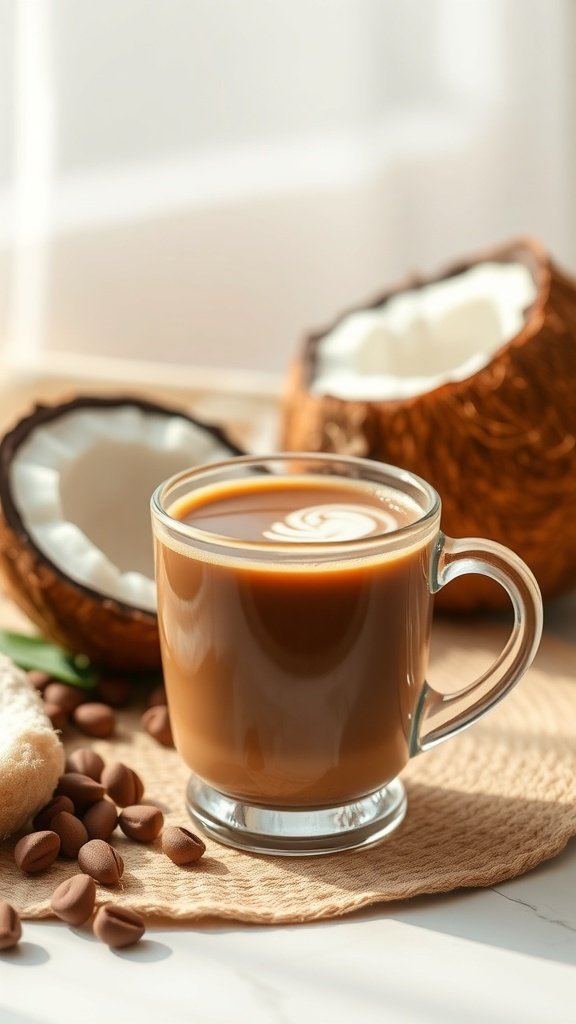A cup of coffee with coconut oil and coffee beans on a table.