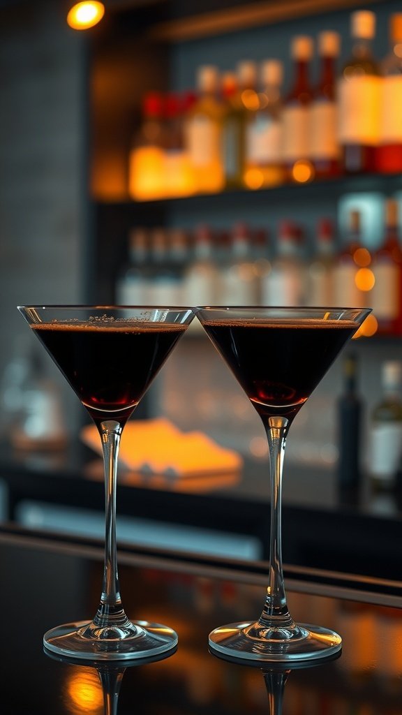 Two coffee martini cocktails on a bar counter