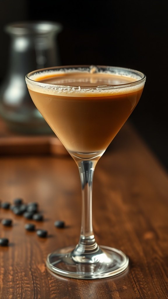 A beautifully presented coffee martini in a chilled glass, showcasing its rich brown color.