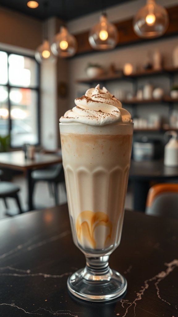 A delicious coffee frappuccino topped with whipped cream and caramel.