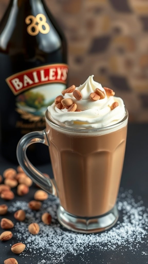 A glass of Baileys Hazelnut Cream Coffee topped with whipped cream and hazelnuts, with a bottle of Baileys in the background.