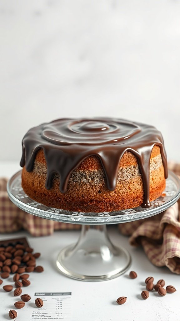 A delicious coffee cake topped with chocolate ganache on a glass cake stand.