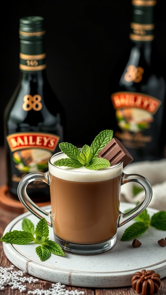 A delicious Mint Baileys Coffee Twist served in a clear glass, topped with mint leaves and a piece of chocolate.