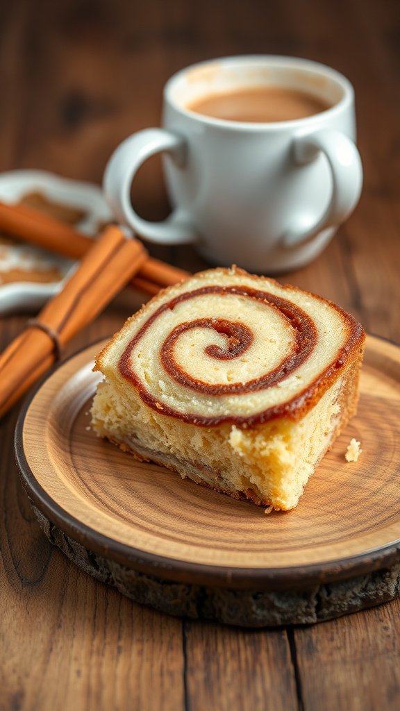 A slice of moist cinnamon swirl coffee cake on a wooden plate next to a cup of coffee.