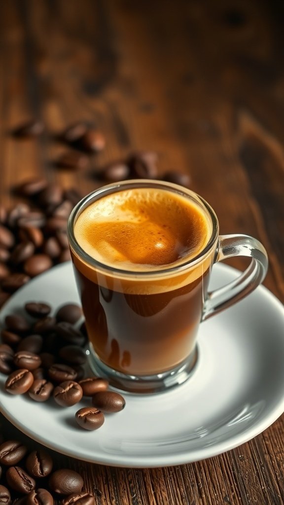 A cup of espresso on a white plate surrounded by coffee beans.
