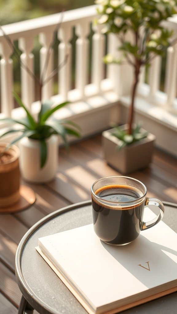 A cup of coffee on a table with plants in the background