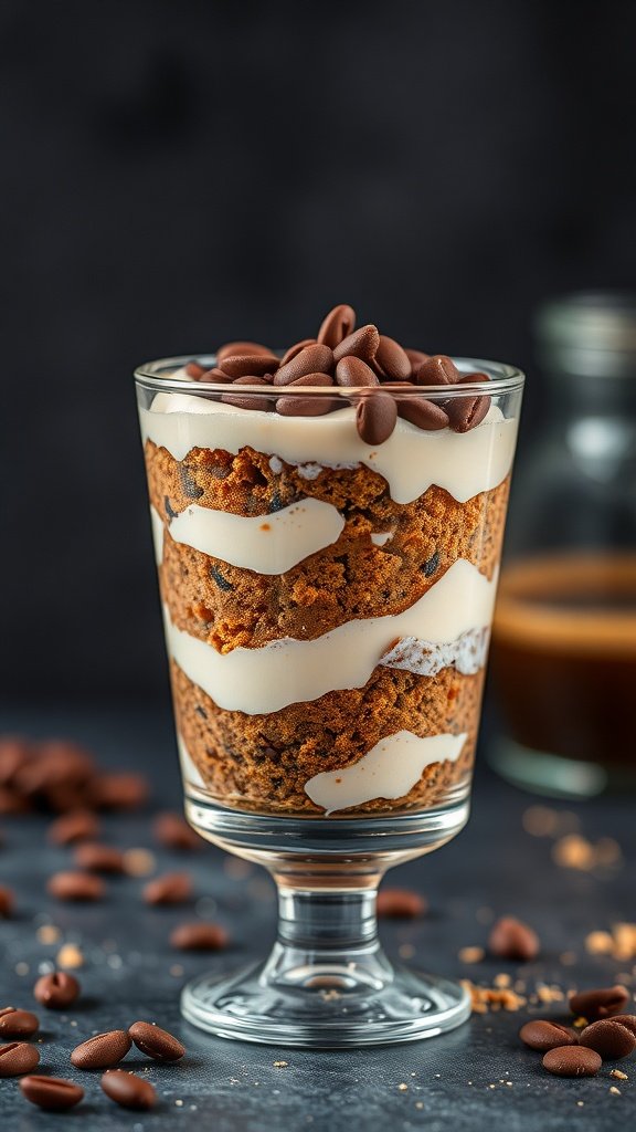 A layered dessert featuring coffee cake and cream.
