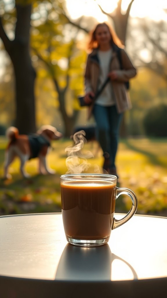 A steaming cup of coffee on a table with a person walking a dog in a park.