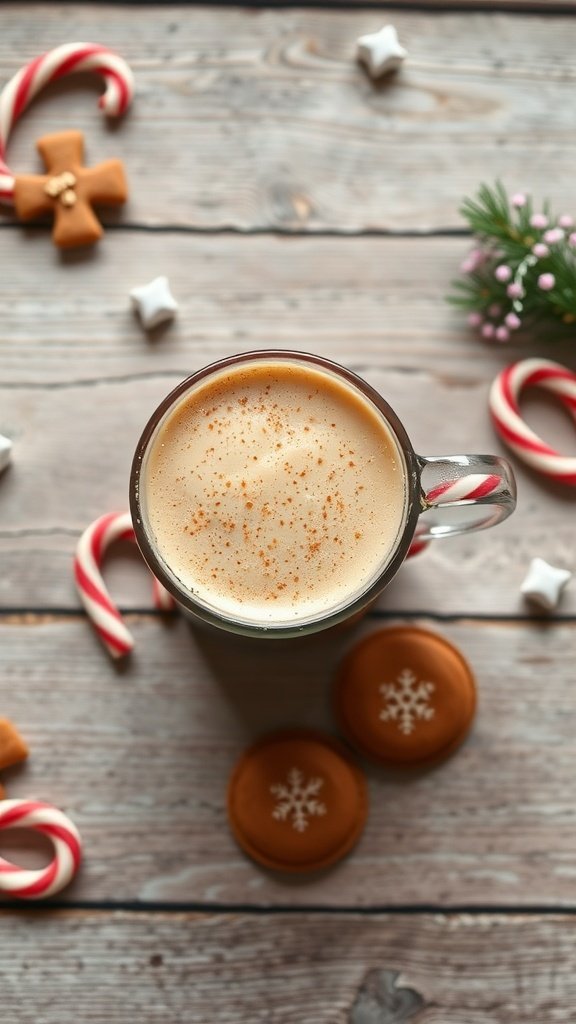 A cozy gingerbread latte topped with spices, surrounded by festive decorations.