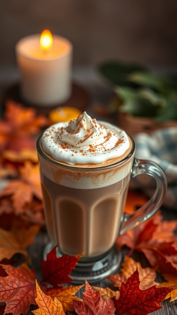 A cozy pumpkin spice latte with whipped cream and cinnamon on top, surrounded by autumn leaves and a candle.